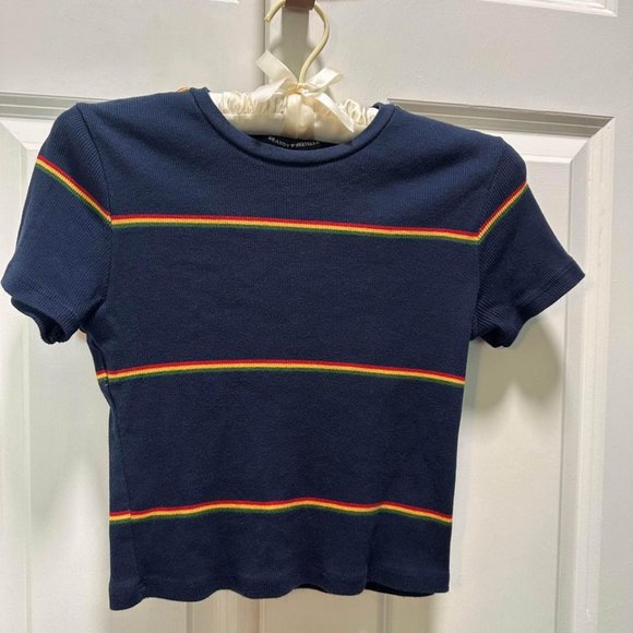 Brandy Melville Tops - Brandy Melville Baby Tee Rainbow Stripe Navy Blue 90s Crop Top
